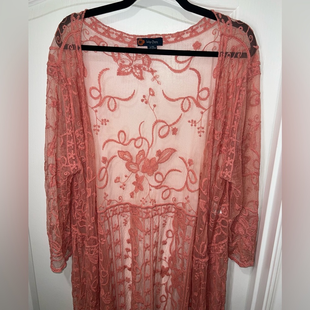 Indigo Poppy Boho Lace Long Kimono Sheer Coral Fairy Women’s Size  L/XL